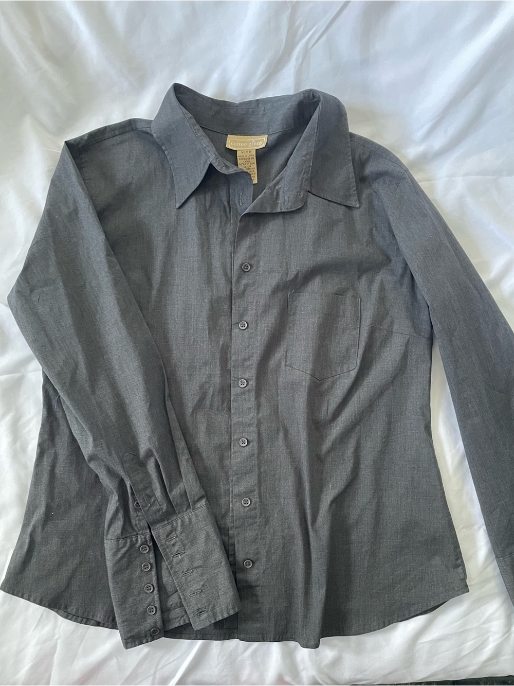 Women's Grey Button-Down Cotton Shirt Tailored Long-Sleeve
